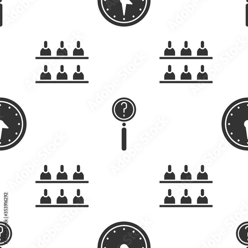 Set Clock, Magnifying glass with search and Jurors on seamless pattern. Vector.