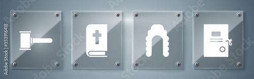 Set Lawsuit paper, Judge wig, Holy bible book and Judge gavel. Square glass panels. Vector.