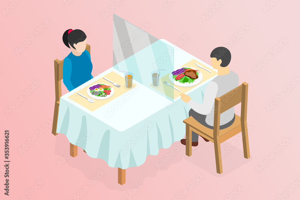 Isometric new normal after COVID-19 pandemic in restaurant, street food or canteen social distancing concept,  eating food with Plexiglas guards or Shield on table to combat COVID-19.