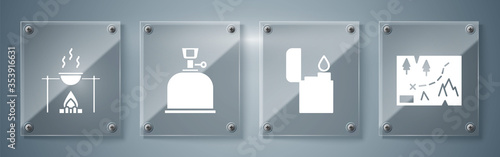 Set Folded map with location, Lighter, Camping gas stove and Campfire and pot. Square glass panels. Vector.