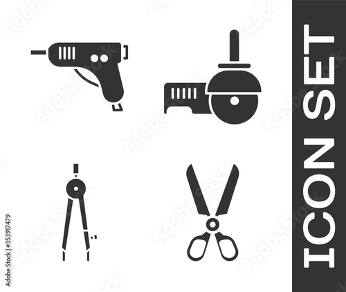 Set Scissors, Electric hot glue gun, Drawing compass and Angle grinder icon. Vector.