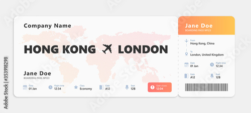 Realistic air ticket with passenger name isolated on white background. Concept design of boarding pass ticket. Vector illustration
