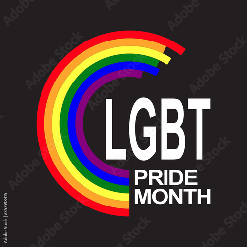 Abstract circle colored in rainbow color and text LGBT pride month inside in circle isolated on black background. Pride and LGBT concept. Copy space for design or text. Flat vector illustration