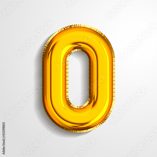 Gold metallic helium alphabet balloon foil number 0 zero realistic 3d render air balloon. Collection of golden balloon number set Vector illustration.