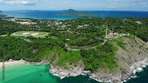 Wallpaper Mural Aerial panorama view of quiet beautiful famous windmill view point in Phuket Thailand during locked down policy due to Covid-19. All beaches in Phuket are not allowed to enter. Torontodigital.ca
