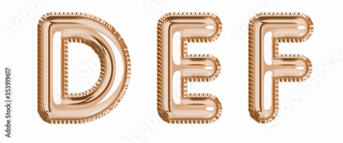 Gold foil balloon alphabet set letter D, E, F realistic 3d illustration metallic pink gold air balloon. Collection of balloon alphabet ready to use in headlines, greeting, celebration vector eps