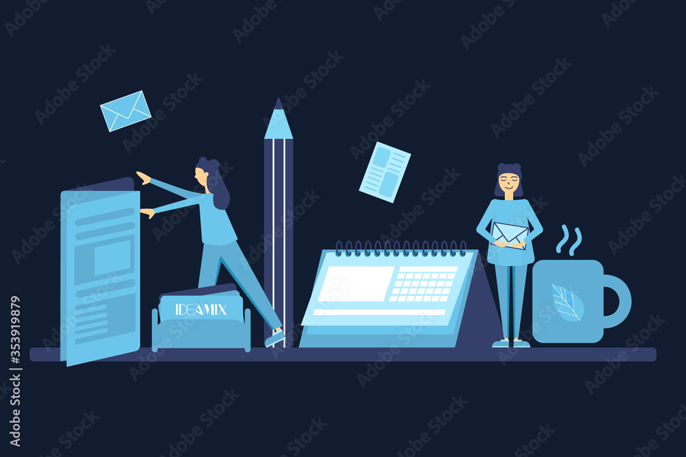 Fototapeta premium Office illustration. A desktop with an image of a calendar, printing and people.