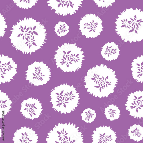 Paper cut polka dots with flowers seamless vector pattern. Graphic botanical surface print design. For fabrics, stationery, packaging, and gift wrap. © rysunki.malunki