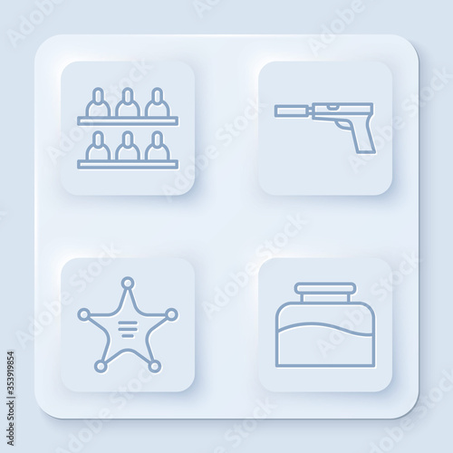 Set line Jurors, Pistol or gun with silencer, Hexagram sheriff and Inkwell. White square button. Vector.