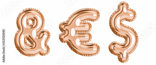 Gold foil balloon alphabet set isoalted ampersand, euro, dollar sign. Realistic 3d illustration metallic air balloon. alphabet ready to use in headline, greeting, celebration Vector illustration. EPS
