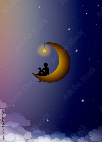 Read and dream concept, boy silhouette sitting on the moon and reading the book, read and imagine creative idea, (ID: 353920432)