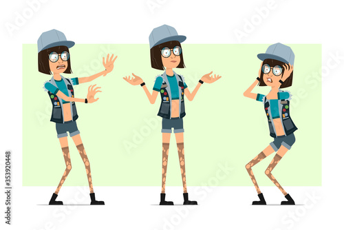 Cartoon flat hipster girl character in trucker cap, glasses and jeans shorts. Ready for animation. Girl scared, disappointed and showing misunderstanding. Isolated on olive background. Vector set.