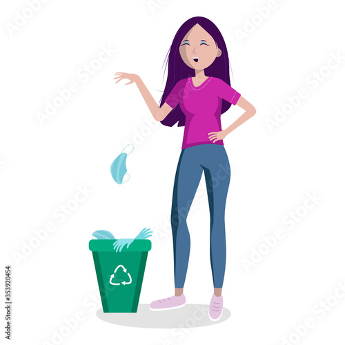End of pandemic and quarantine. End of the epidemic. People take off their medical masks. Young woman without mask. No more self isolation. Flat vector illustration isolated on white background.