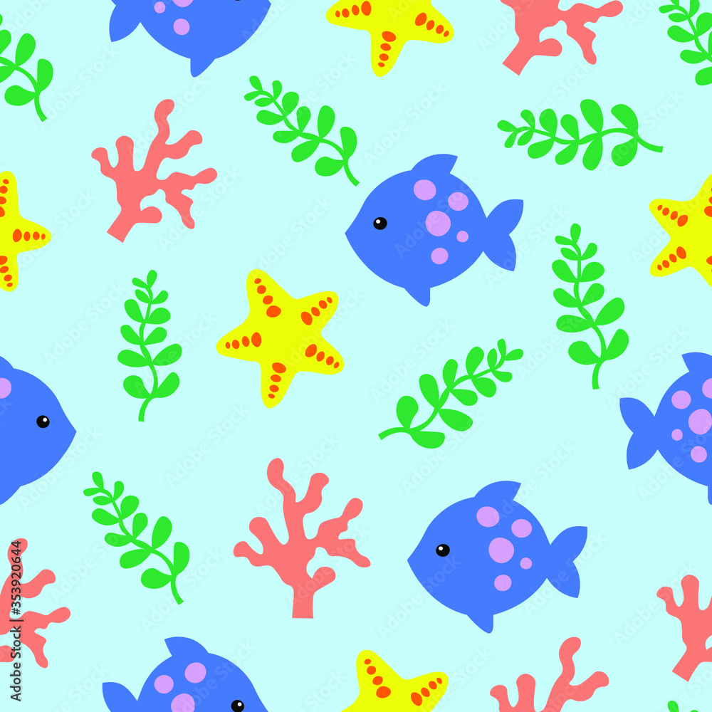 pattern. fish, algae, corals and starfish on a blue background. children's illustration pattern. fish, algae, corals and starfish on a blue background. children's illustration