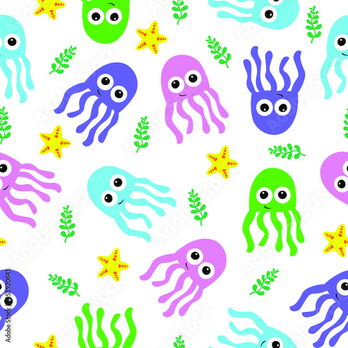 pattern. colorful jellyfish, seaweed and starfish