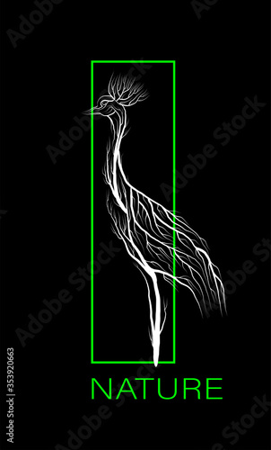 creative eco logo, save the animal idea, crane looks like tree on black background with green vivid green rectangle, eco production, (ID: 353920663)