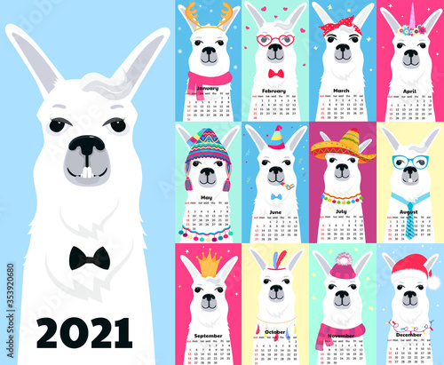 Calendar for 2021 from Sunday to Saturday. Cute llama in different costumes. Sombrero, birthday, sailor in a vest, unicorn, Santa Claus. Funny animal. Alpaca cartoon character