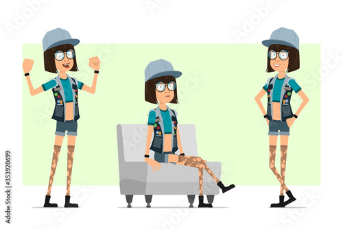 Cartoon flat hipster girl character in trucker cap, glasses and jeans shorts. Ready for animation. Girl resting on sofa, showing muscle and posing on photo. Isolated on olive background. Vector set.