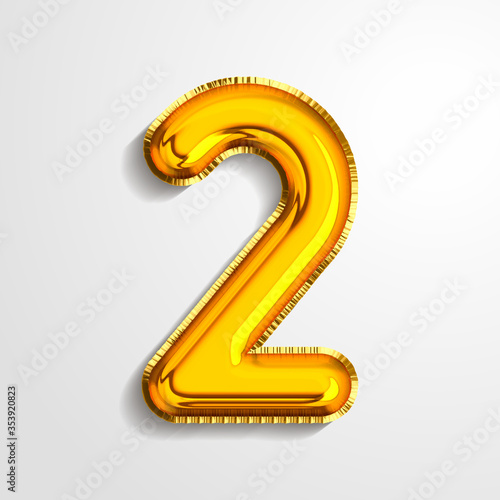 Gold metallic helium alphabet balloon foil number 2 two realistic 3d render air balloon. Collection of golden balloon number set Vector illustration.