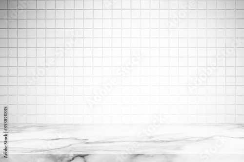 Abstract Luxury White Marble Table with Kitchen Wall Tiles Texture Background.