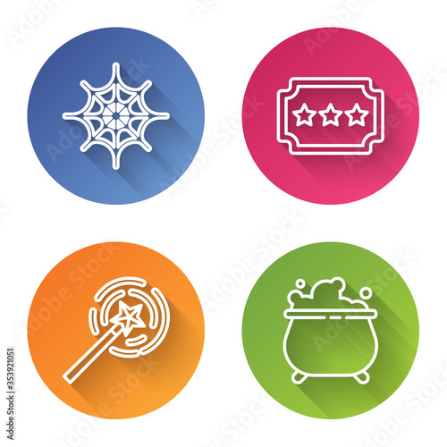 Set line Spider web, Ticket, Magic wand and Witch cauldron. Color circle button. Vector.