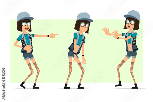 Cartoon flat funny hipster girl character in trucker cap, glasses and jeans shorts. Ready for animation. Girl walking, laughing and showing stop gesture. Isolated on olive background. Vector set.