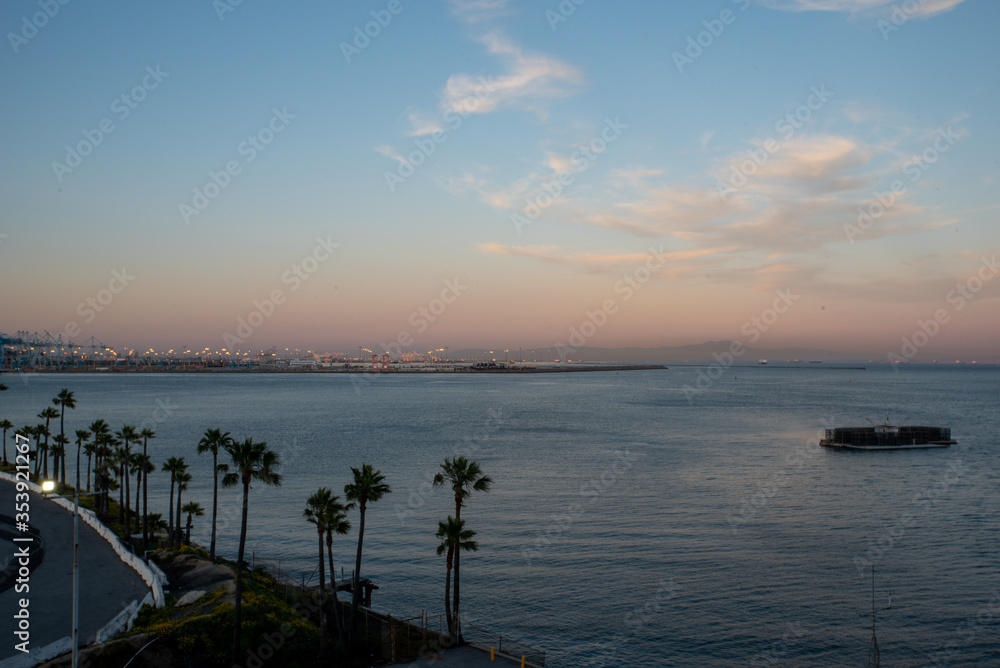 sunset over the harbor, port of Los Andgeles,  Pacific ocean, USA