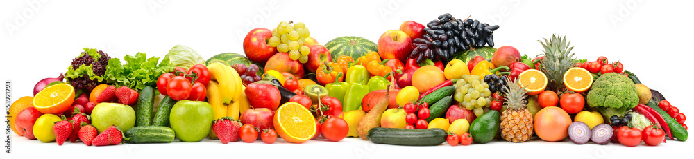 Wide collage ripe, fresh vegetables, fruits and berries isolated on white Wide collage ripe, fresh vegetables, fruits and berries isolated on white