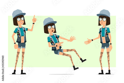 Cartoon flat hipster girl character in trucker cap, glasses and jeans shorts. Ready for animation. Girl falling back, shaking hands, showing attention sign. Isolated on olive background. Vector set.
