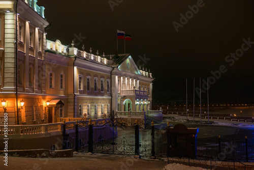 KAZAN  RUSSIA - JANUARY 3 2020  Winter evening in Kazan Kremlin. Office building in the  Cannon Yard with night lights. Kazan  Tatarstan  Russia
