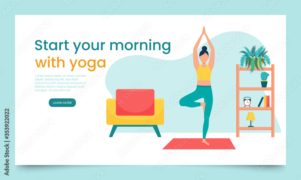 The girl does yoga in an apartment, in a home environment. Landing page template. The concept of yoga classes at home. Woman in the tree pose. Banner with a female cartoon character.Flat style The girl does yoga in an apartment, in a home environment. Landing page template. The concept of yoga classes at home. Woman in the tree pose. Banner with a female cartoon character.Flat style