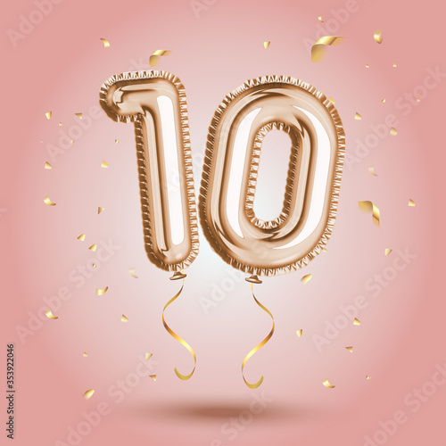 Elegant Pink Greeting celebration ten years birthday Anniversary number 10 foil gold balloon. Happy birthday, congratulations poster. Golden numbers with sparkling golden confetti. Vector