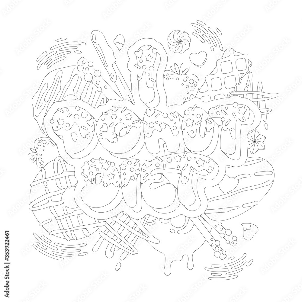 I donut diet - adult coloring page illustration with funny pun lettering phrase. Donuts and sweets themed design.
