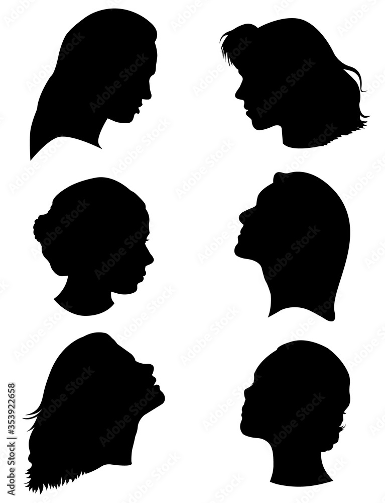 Set of silhouettes of women in profile. Vector female icons.