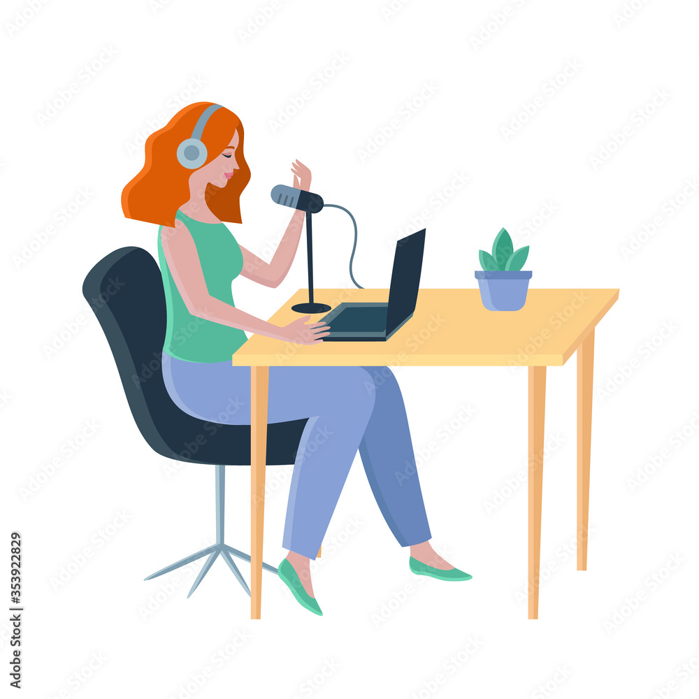 Podcast at studio. Female radio host, streamer, podcaster, blogger. Woman in headphones with laptop talking at the table. Broadcasting, podcasting vector illustration for website, web banner, etc