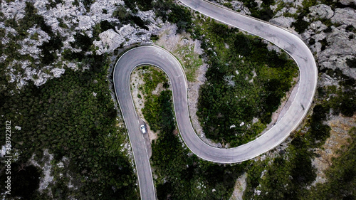A top-down aerial view on mountainous curvy road Nus de Se Calobra, famous and dangerous zig zag road in the valley leading to the coast of Mallorca Island.