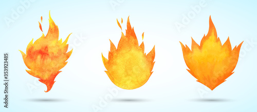Set, collection of watercolor vector flames, tongues of fire. Watercolour stains burning bonfire, campfire silhouette. Illustration, design element, painted text background for camping, travel, hiking