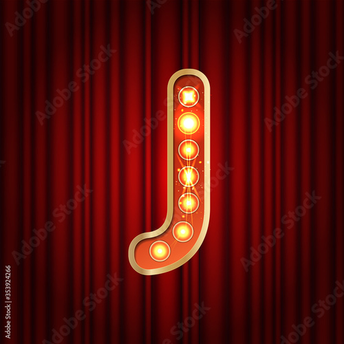 Realistic retro gold lamp bulb font letter J. Part of alphabet in vintage casino and slots style. Vector shine symbol of alphabet with golden light and sparkles on red curtains background show style