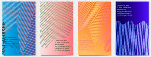 A set of four colorful backgrounds. Geometric ornament on a colored gradient field. Vector striped design. Example of design of a poster, postcard, business card, banner, leaflets, covers. 