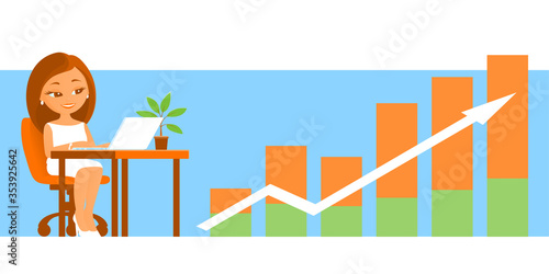 Young nice girl works in the office at the laptop. Sits at a table. Financial growth chart. Vector cartoon illustration about business.