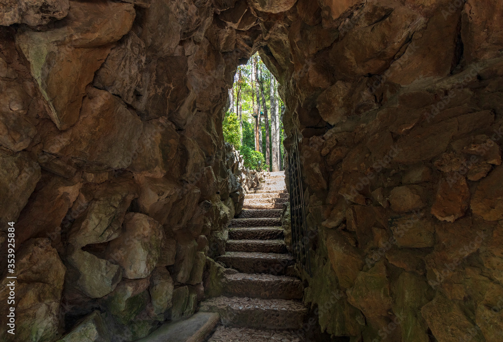 Naklejka premium In the village of La Pobla de Lillet in Catalonia there is this beautiful garden made by Gaudi with incredible details.