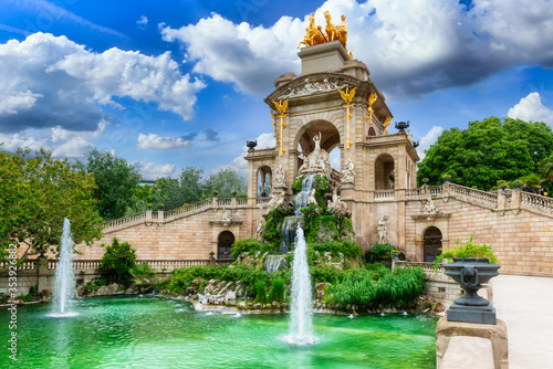 Fountain cascade in park De la Ciutadella in Barcelona, Catalonia, Spain. Architecture and landmark of Barcelona. Cozy cityscape of Barcelona
