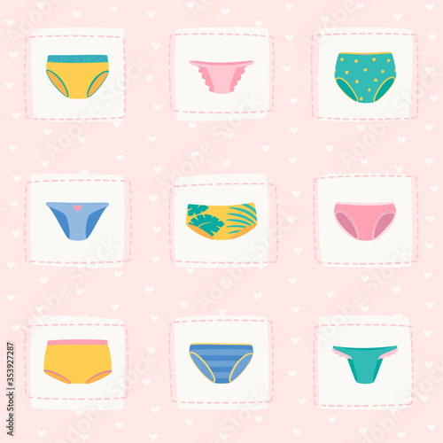 Vector illustration of different kinds of colorful underwear. Hearts on pink background.
