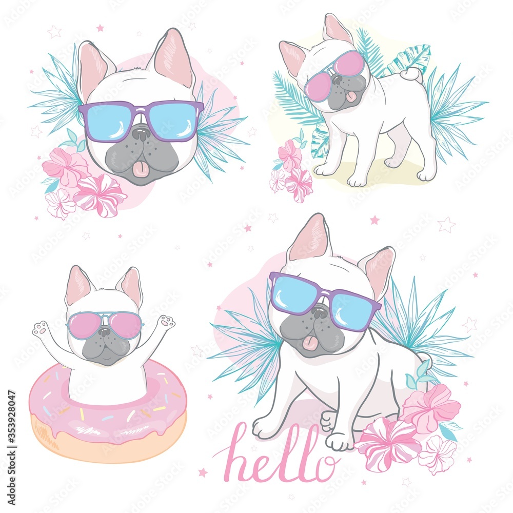 Obraz premium french bulldog face dog heart Glasses illustration vector cartoon