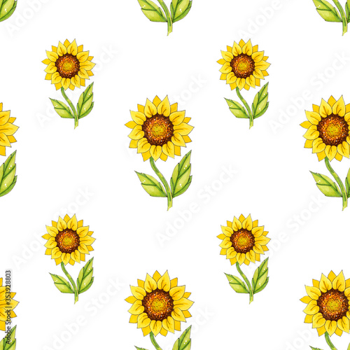 Fototapeta Naklejka Na Ścianę i Meble -  Seamless patterns with bright sunflowers on a white background. These images are suitable for creating home textiles, wallpapers, backgrounds and decor.