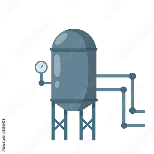Boiler for heating water. Sanitary engineering. Cartoon flat illustration. Element of house, bath and toilet system. Grey tank with pipes and dial