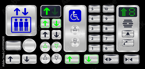 elevator button with braille sign isolated on black, silver metal elevator logo modern, set of elevator button steel symbol with number braille, control panel of elevator internal and braille language
