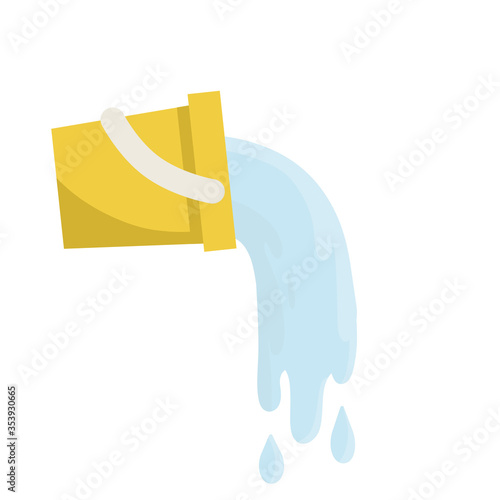 Yellow bucket of water. Splash and splatter. Liquid pours out. Cartoon flat illustration. Cleaning the house. Yellow object for washing