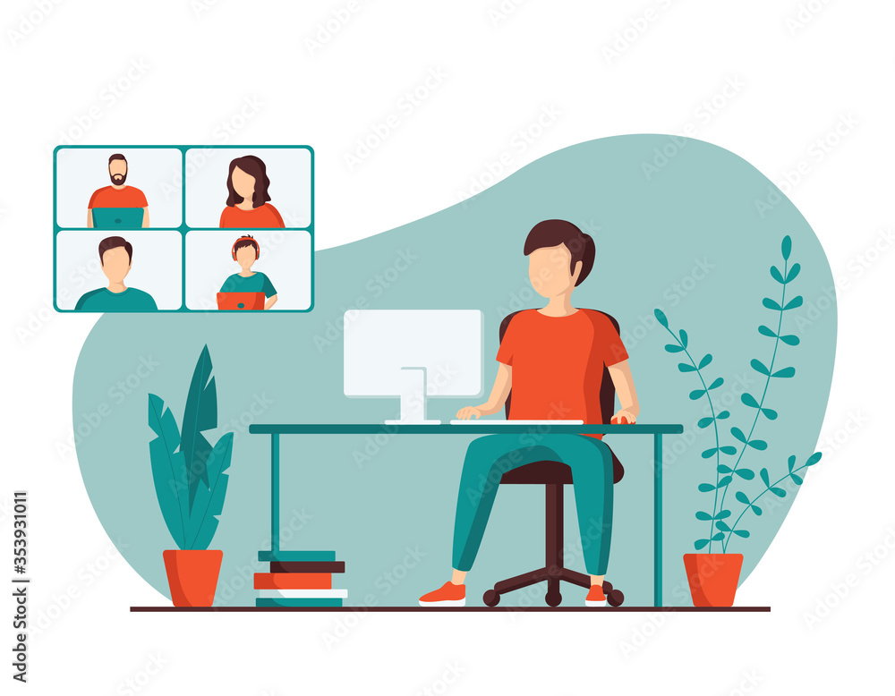 A young man is talking with colleagues using a video call. Concept of online conference from home. Remote work, webinar, freelance or distance learning. Vector illustration in a flat style.