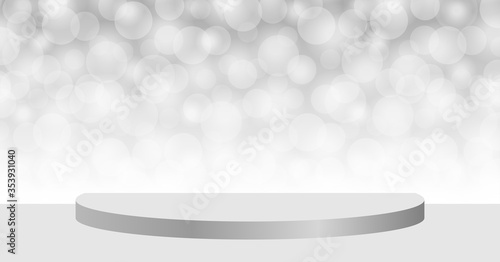pedestal stage on bokeh white grey for background, stage podium 3d gray for cosmetics product display show, pedestal stand deluxe for backdrop, stage pedestal for award and success concept show